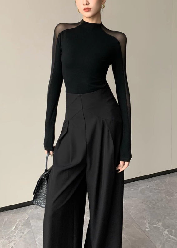 Black Hollow Out Patchwork Silm Fit Tops Spring