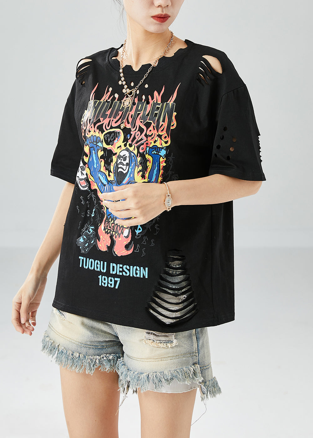 Black Hollow Out Print Ripped Cotton Tanks Summer