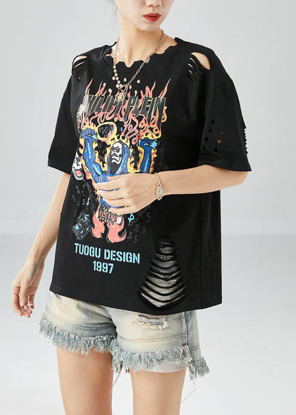 Black Hollow Out Print Ripped Cotton Tanks Summer
