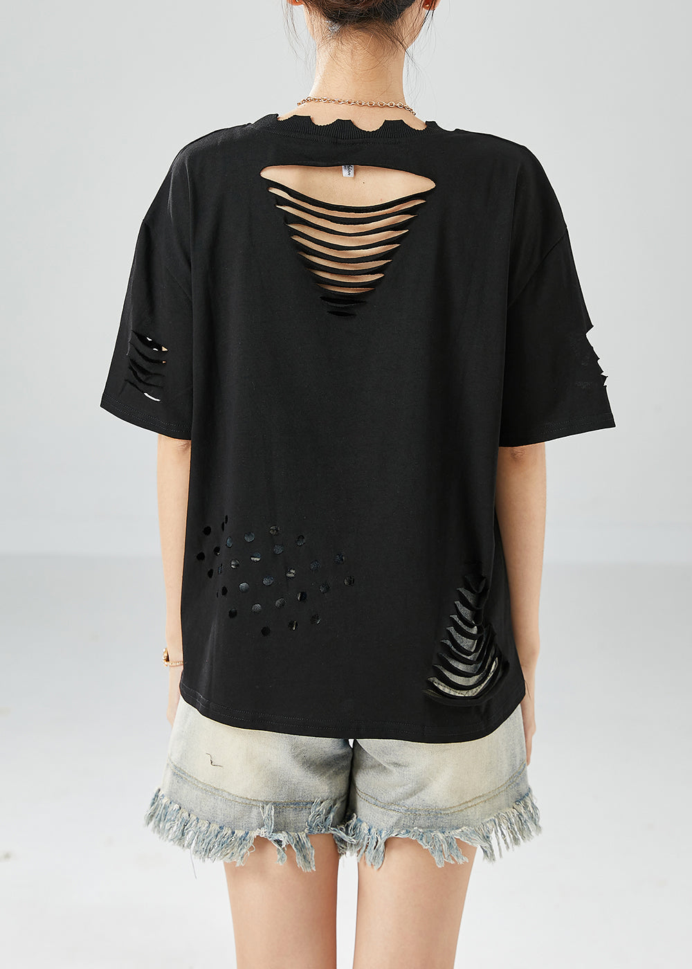 Black Hollow Out Print Ripped Cotton Tanks Summer