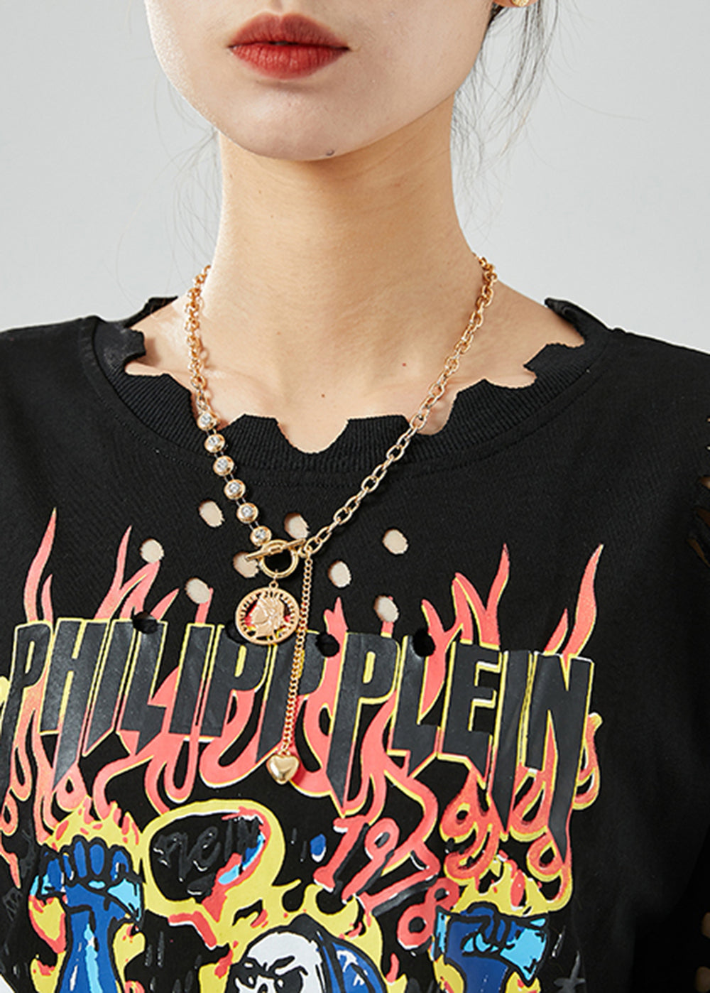 Black Hollow Out Print Ripped Cotton Tanks Summer