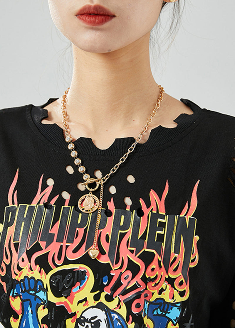 Black Hollow Out Print Ripped Cotton Tanks Summer