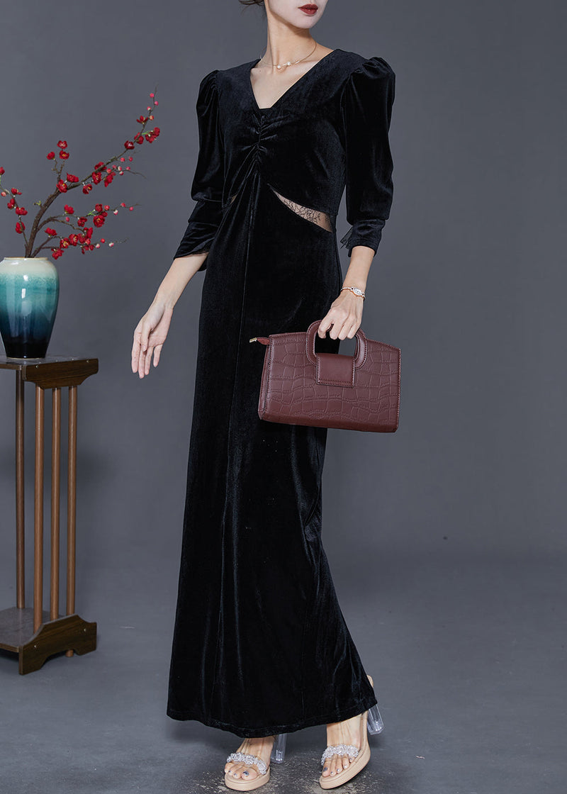 Black Hollow Out Silm Fit Silk Velour Long Dresses Fall