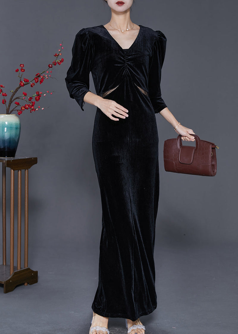 Black Hollow Out Silm Fit Silk Velour Long Dresses Fall