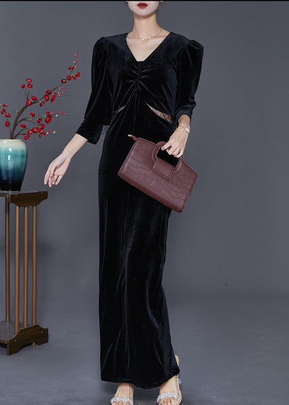Black Hollow Out Silm Fit Silk Velour Long Dresses Fall