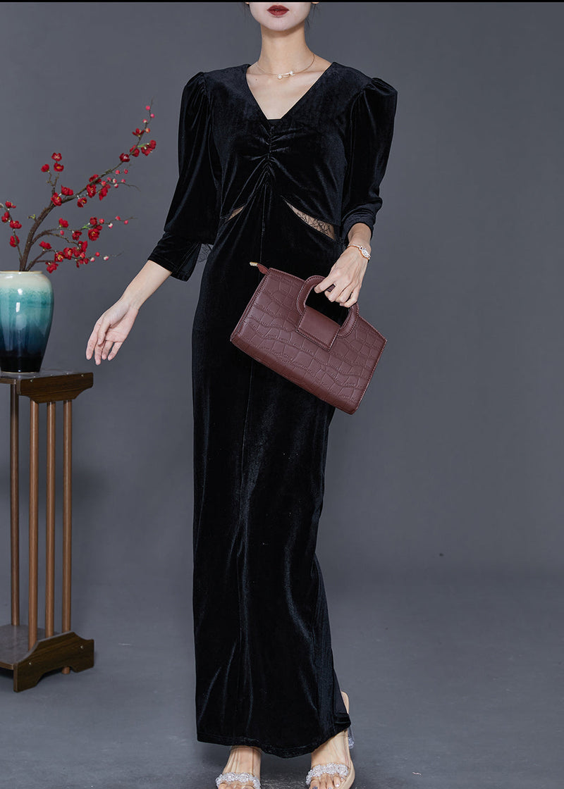 Black Hollow Out Silm Fit Silk Velour Long Dresses Fall