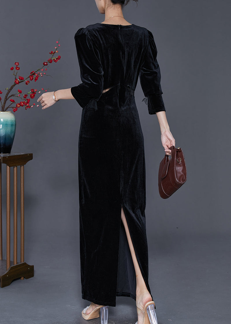 Black Hollow Out Silm Fit Silk Velour Long Dresses Fall