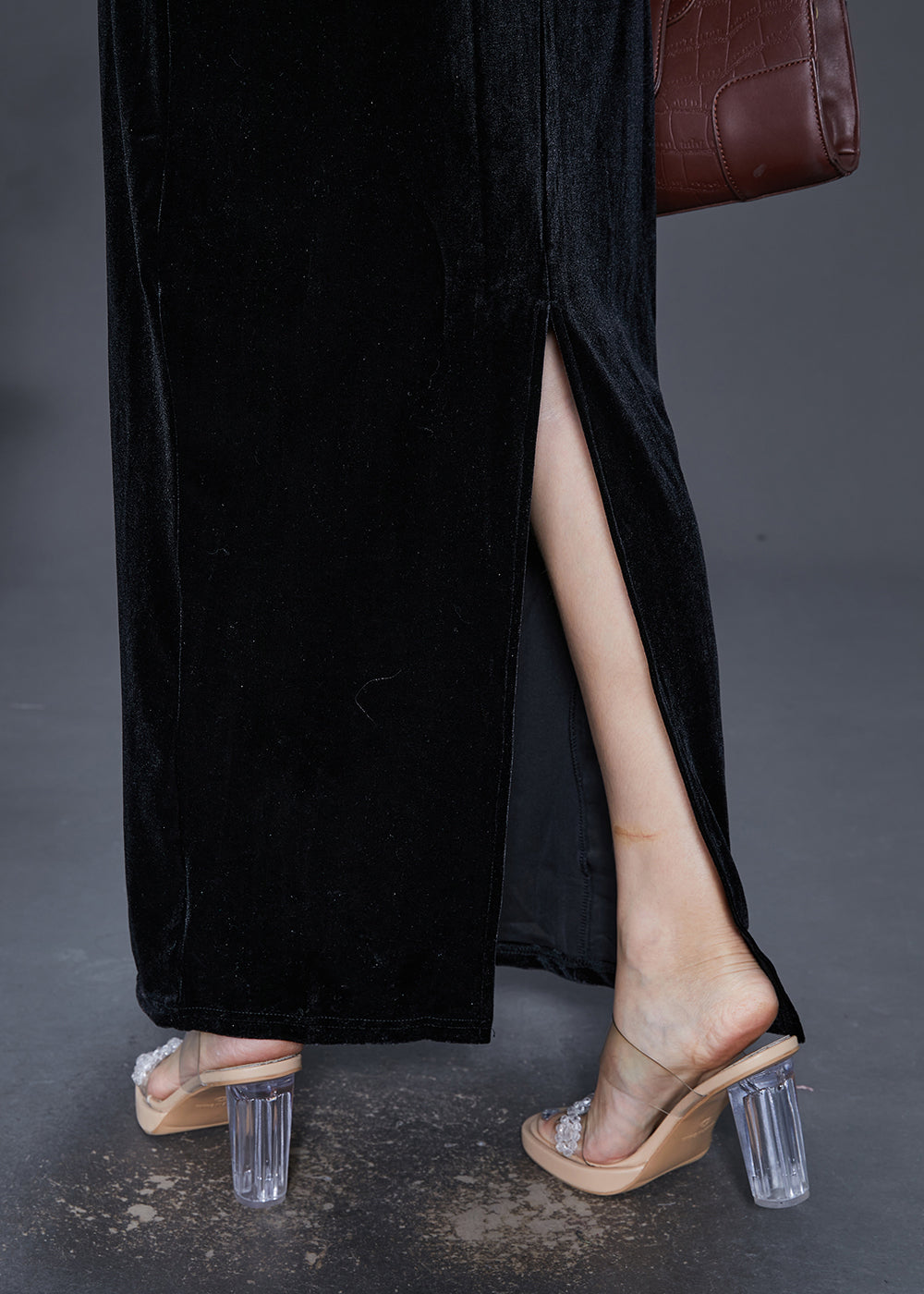Black Hollow Out Silm Fit Silk Velour Long Dresses Fall