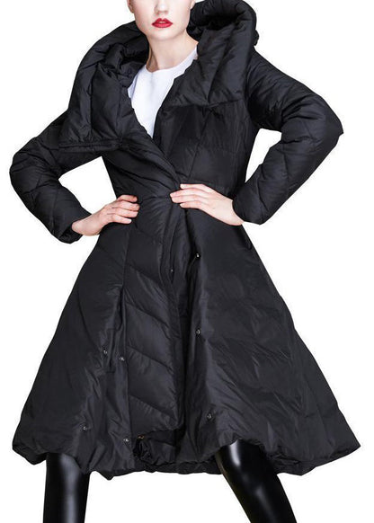 Black Hooded Asymmetrical Button Cotton Blend Coat Winter