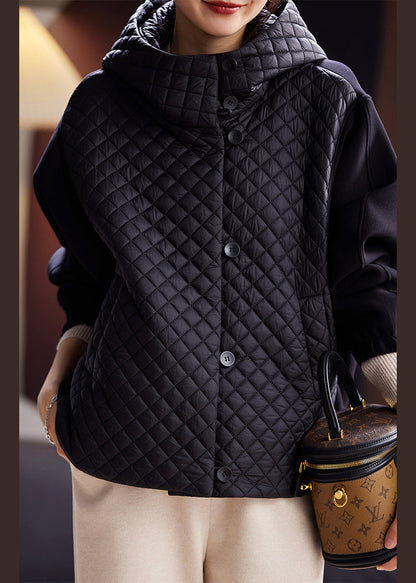 Black Hooded Button Cotton Filled Coats Long Sleeve