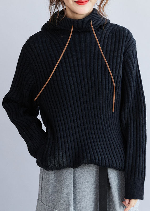 Black Hooded Drawstring Thick Knit Pullover Winter