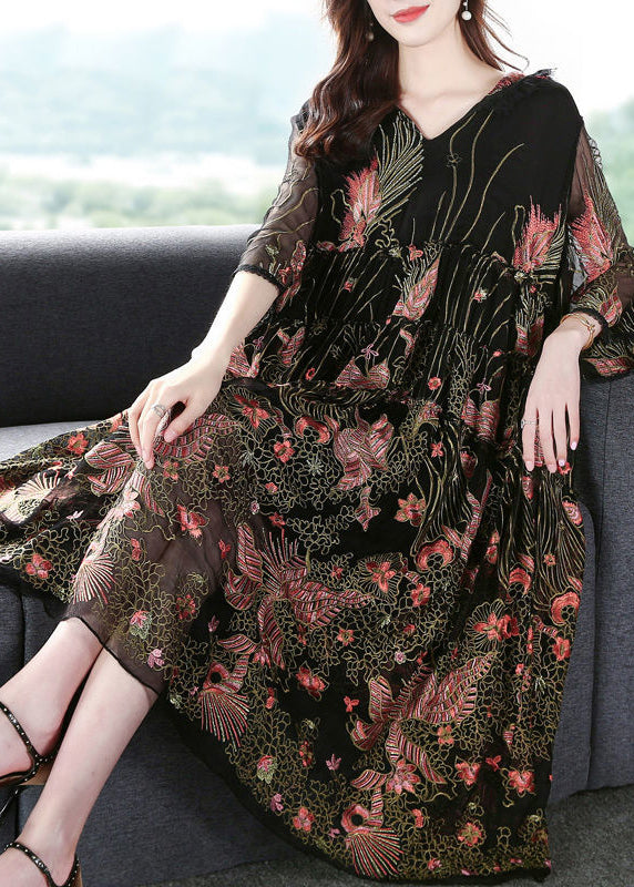 Black Hooded Embroideried Silk a Line Dress Summer