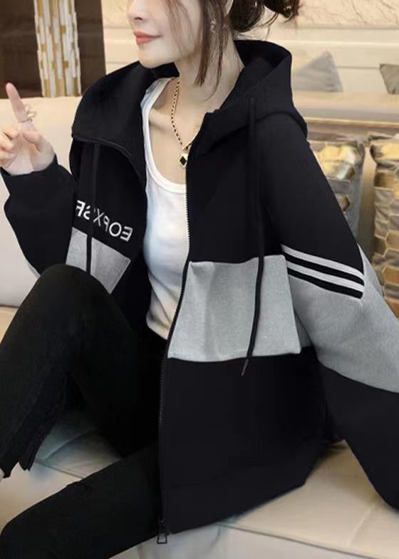 Black Hooded Patchwork Cotton Coats Long Sleeve