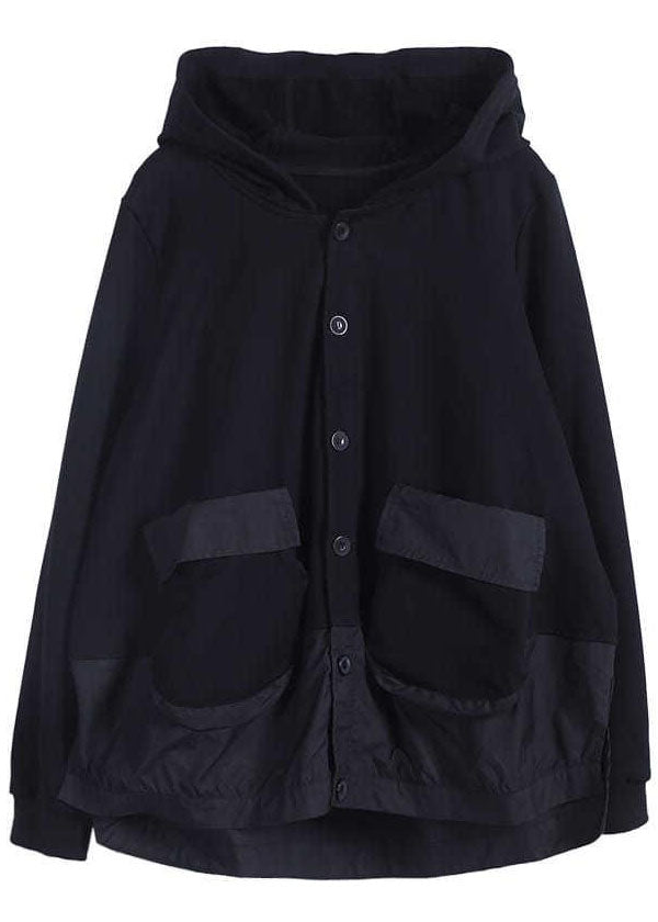 Black Hooded Patchwork Cotton Spring Coat