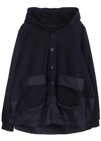 Black Hooded Patchwork Cotton Spring Coat