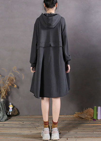 Black Hooded Patchwork Cotton Sweatshirts Spring Dress