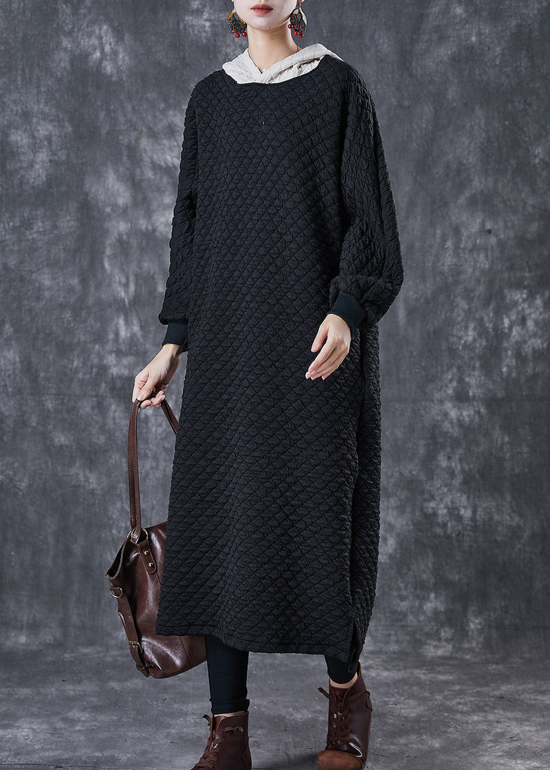 Black Hooded Patchwork Fine Cotton Filled Dress Winter