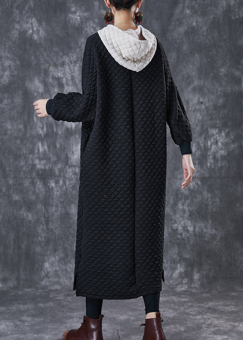 Black Hooded Patchwork Fine Cotton Filled Dress Winter