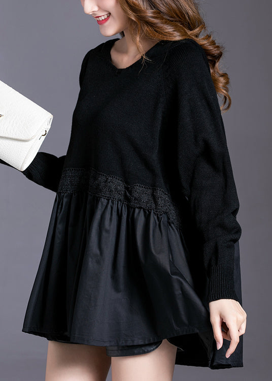 Black Hooded Patchwork Knit Pullover Spring