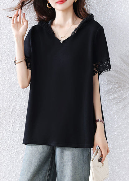 Black Hooded Patchwork Lace Tank Summer