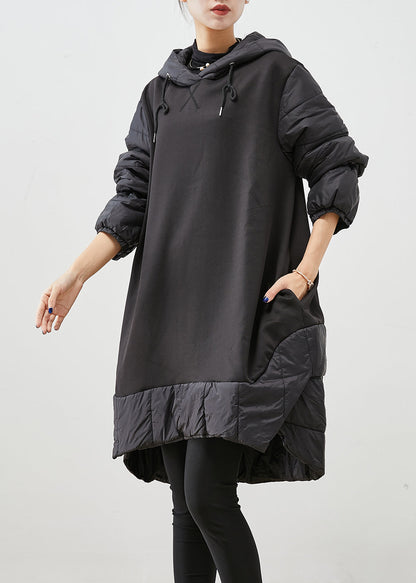 Black Hooded Patchwork Thick Cotton Pullover Sweatshirt Dress Fall