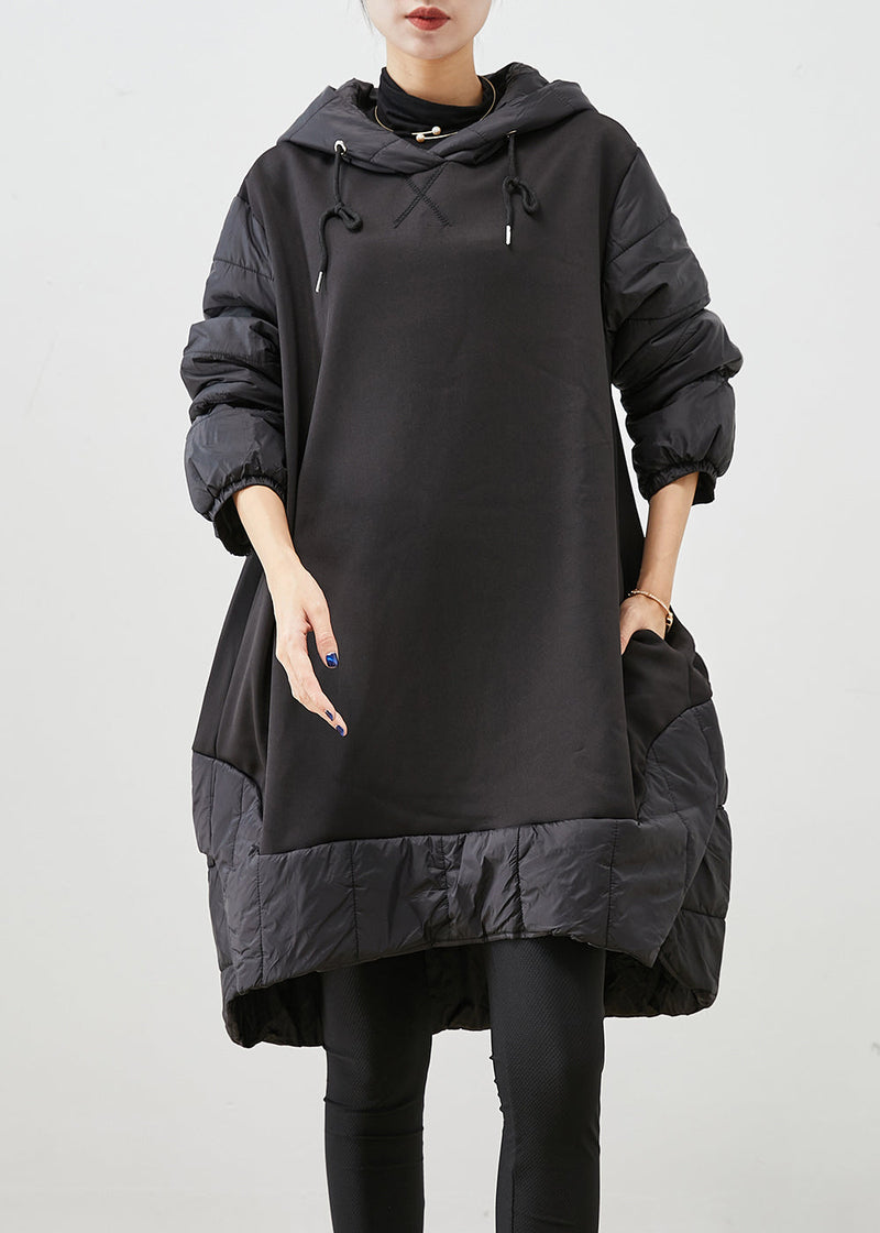 Black Hooded Patchwork Thick Cotton Pullover Sweatshirt Dress Fall