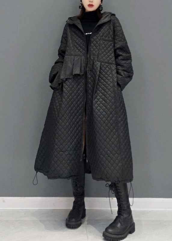 Black Hooded Pockets Fine Cotton Filled Witner Coat Winter