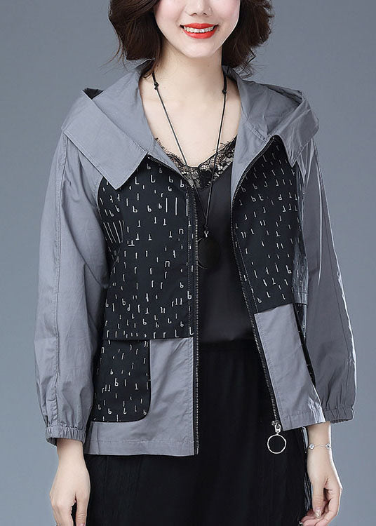 Black Hooded Print Pockets Patchwork Cotton Tops Coats Fall