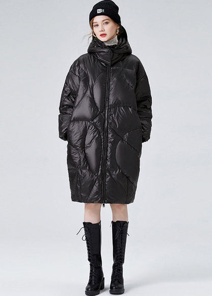 Black Hooded Zippered Duck Down Puffers Jackets Winter