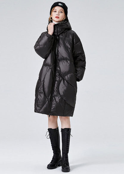 Black Hooded Zippered Duck Down Puffers Jackets Winter