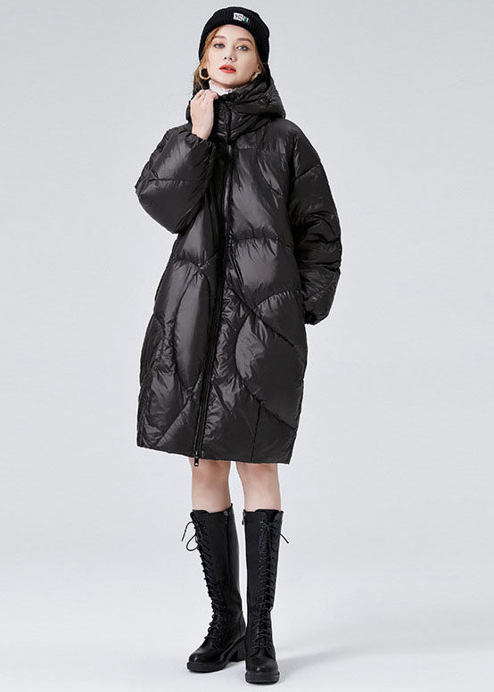 Black Hooded Zippered Duck Down Puffers Jackets Winter