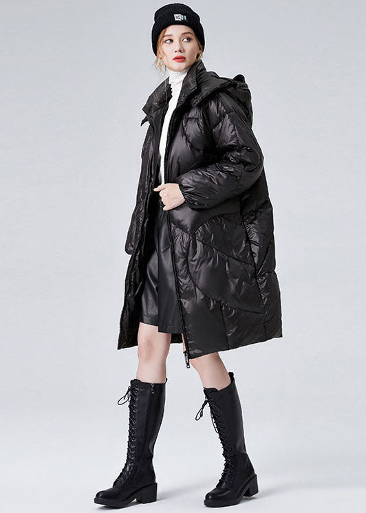 Black Hooded Zippered Duck Down Puffers Jackets Winter