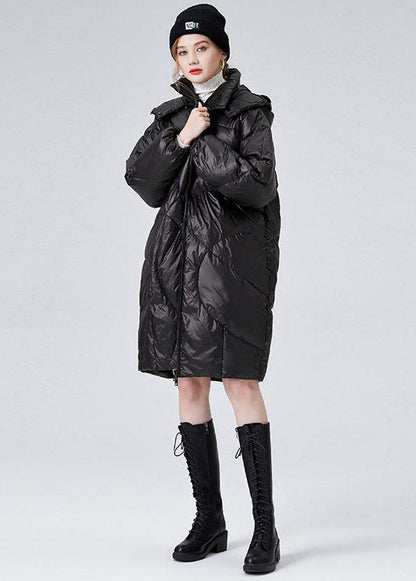 Black Hooded Zippered Duck Down Puffers Jackets Winter