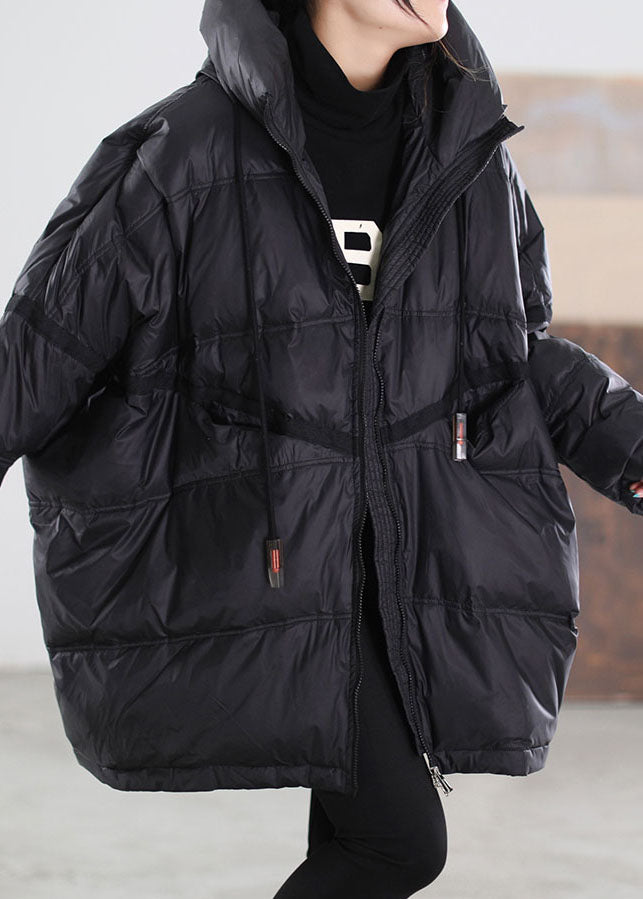 Black Hooded Drawstring Duck Down Jacket Winter