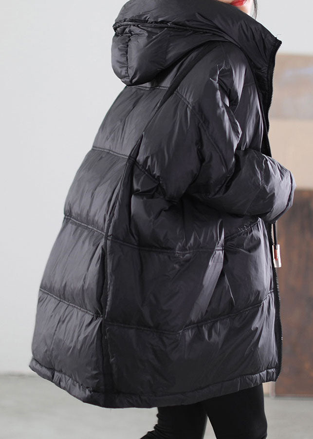 Black Hooded Drawstring Duck Down Jacket Winter