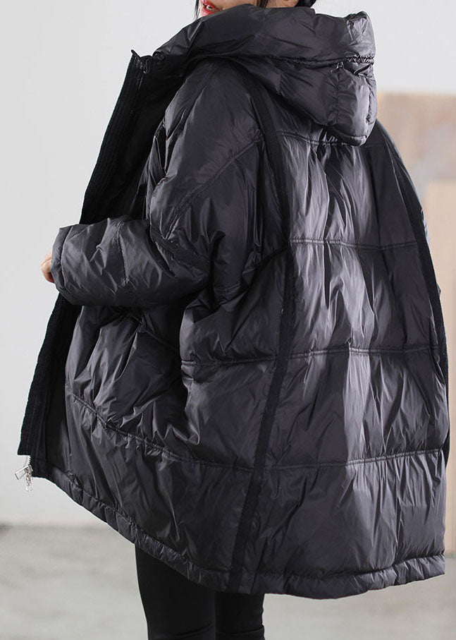 Black Hooded Drawstring Duck Down Jacket Winter