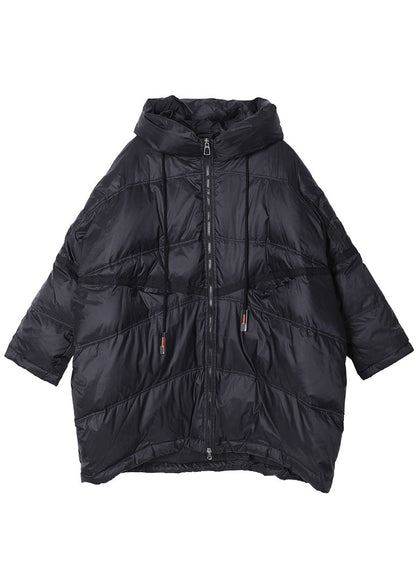 Black Hooded Drawstring Duck Down Jacket Winter