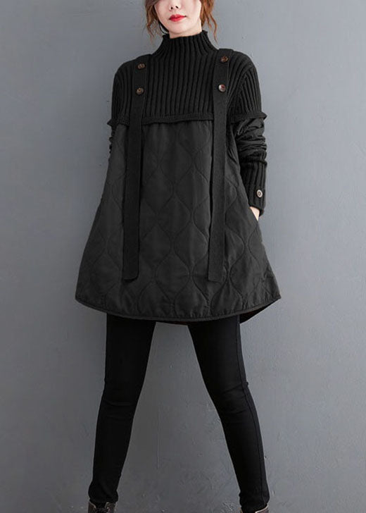 Black Knit Patchwork Fine Cotton Filled Sweaters Winter