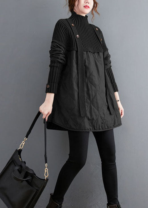 Black Knit Patchwork Fine Cotton Filled Sweaters Winter