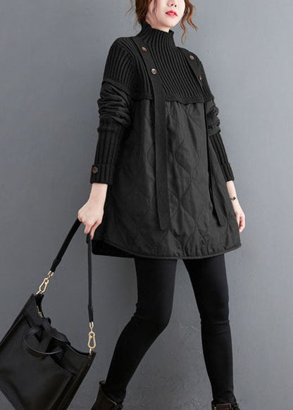 Black Knit Patchwork Fine Cotton Filled Sweaters Winter