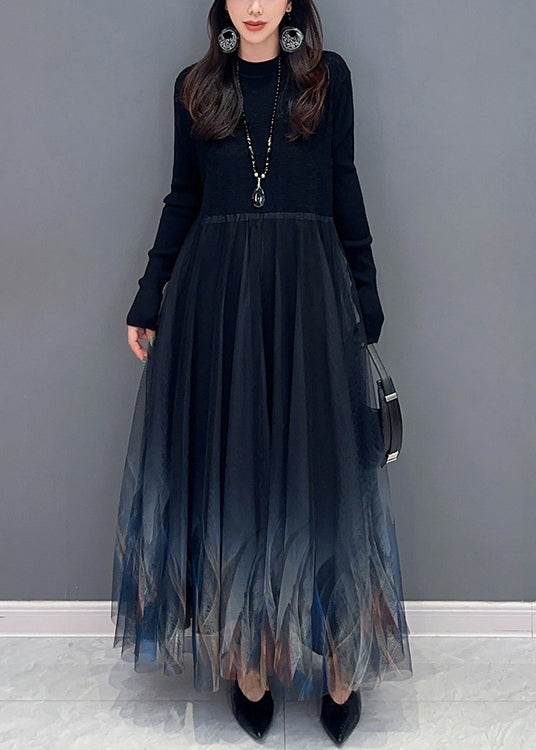 Black Knit Patchwork Tulle Dress Long Sleeve