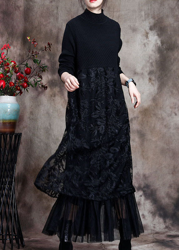 Black Knit Patchwork Asymmetrical Design Fall Knit Dress