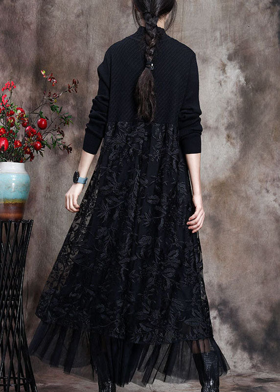Black Knit Patchwork Asymmetrical Design Fall Knit Dress