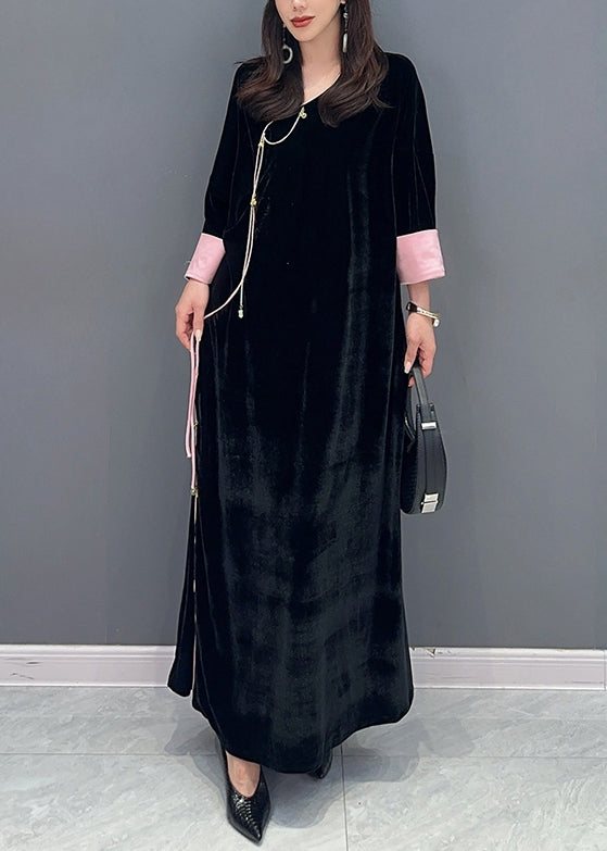 Black Lace Up Side Open Patchwork Velour Long Dress Fall