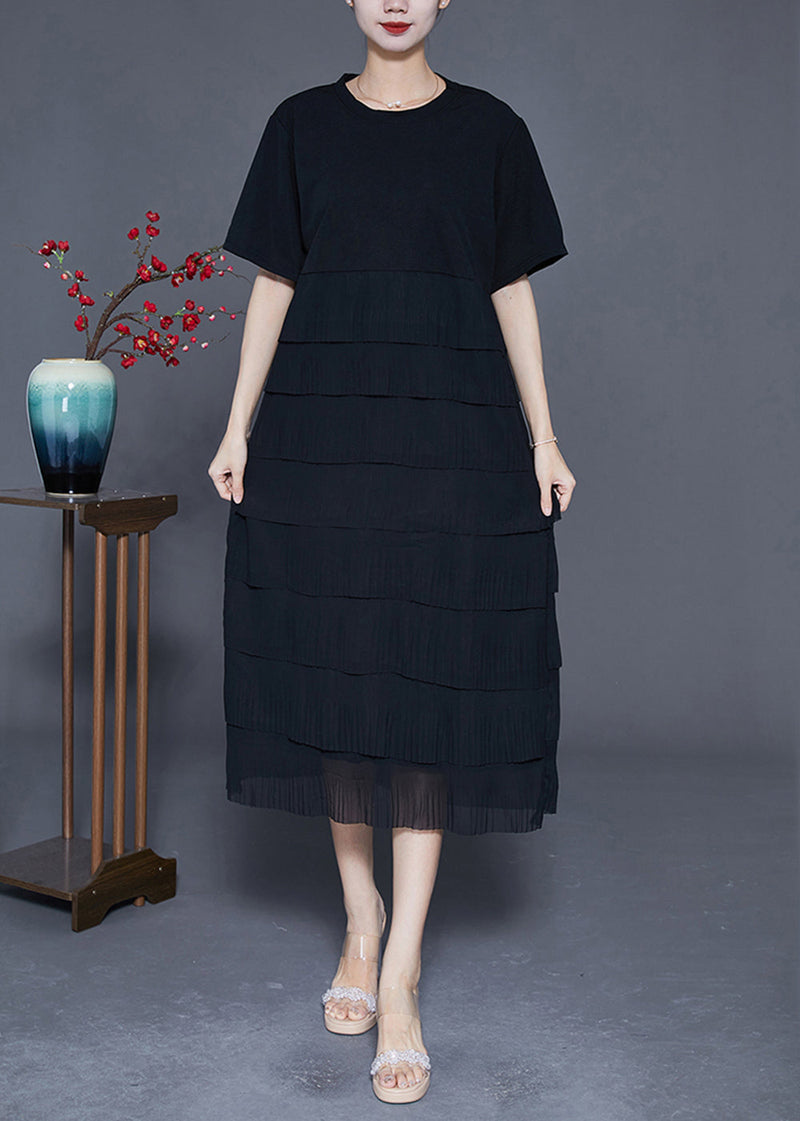 Black Layered Ruffles Wrinkled Chiffon Long Dress Summer