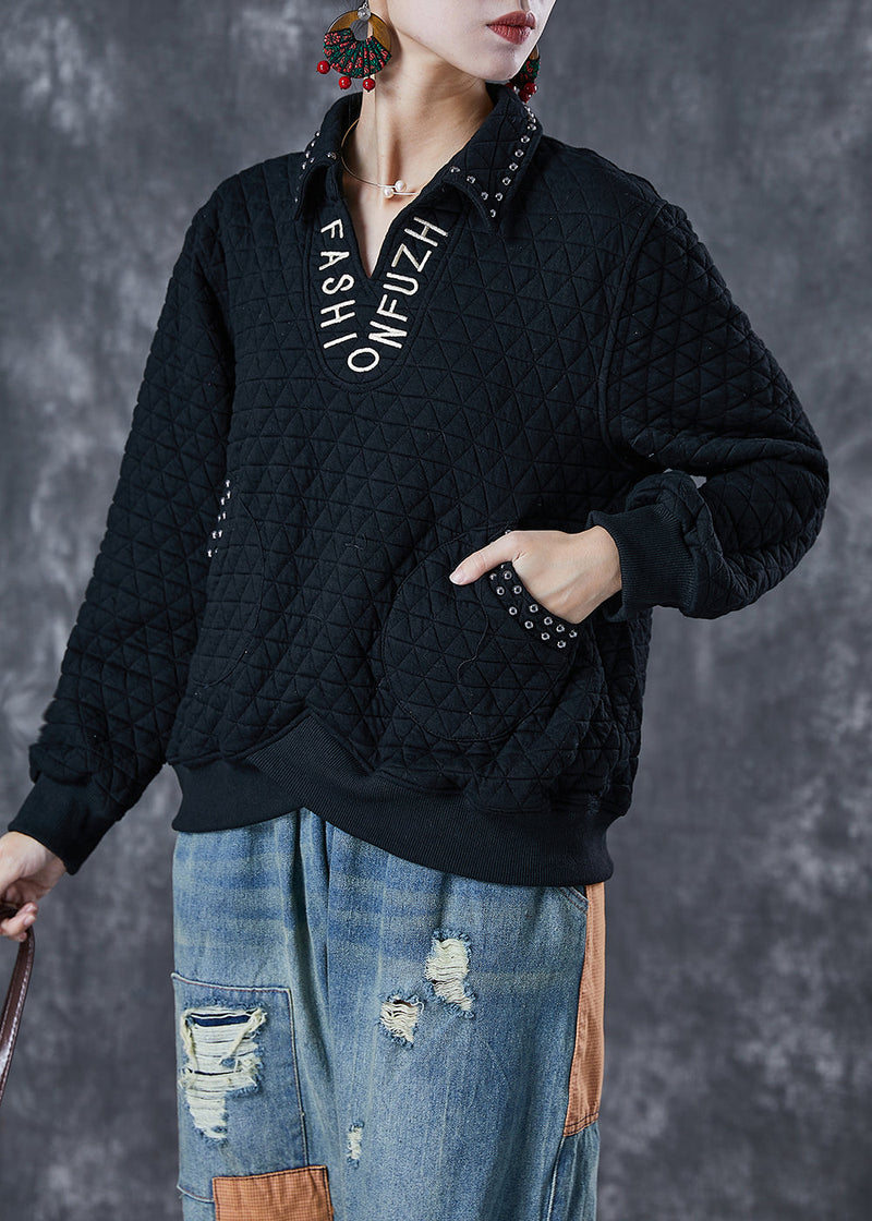 Black Letter Embroidered Rivet Cotton Pullover Sweatshirt Fall