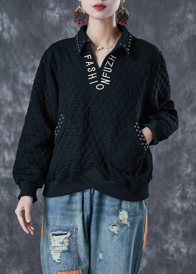 Black Letter Embroidered Rivet Cotton Pullover Sweatshirt Fall