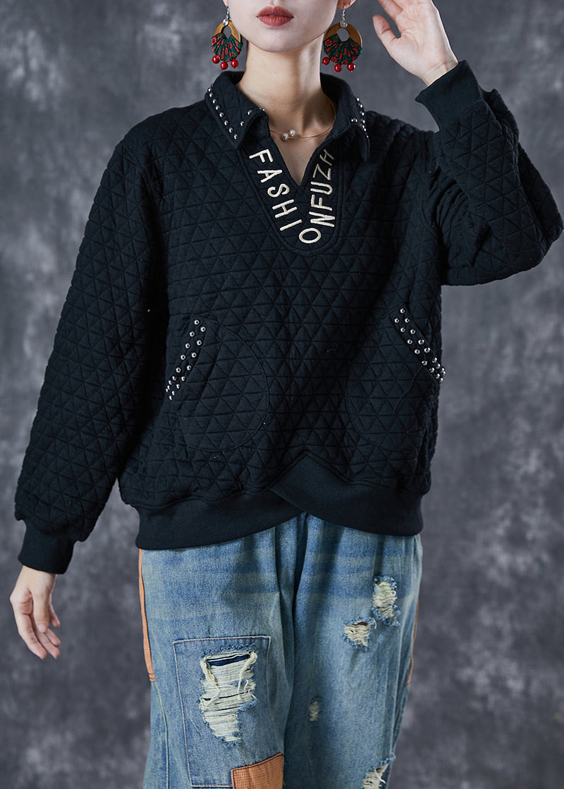 Black Letter Embroidered Rivet Cotton Pullover Sweatshirt Fall