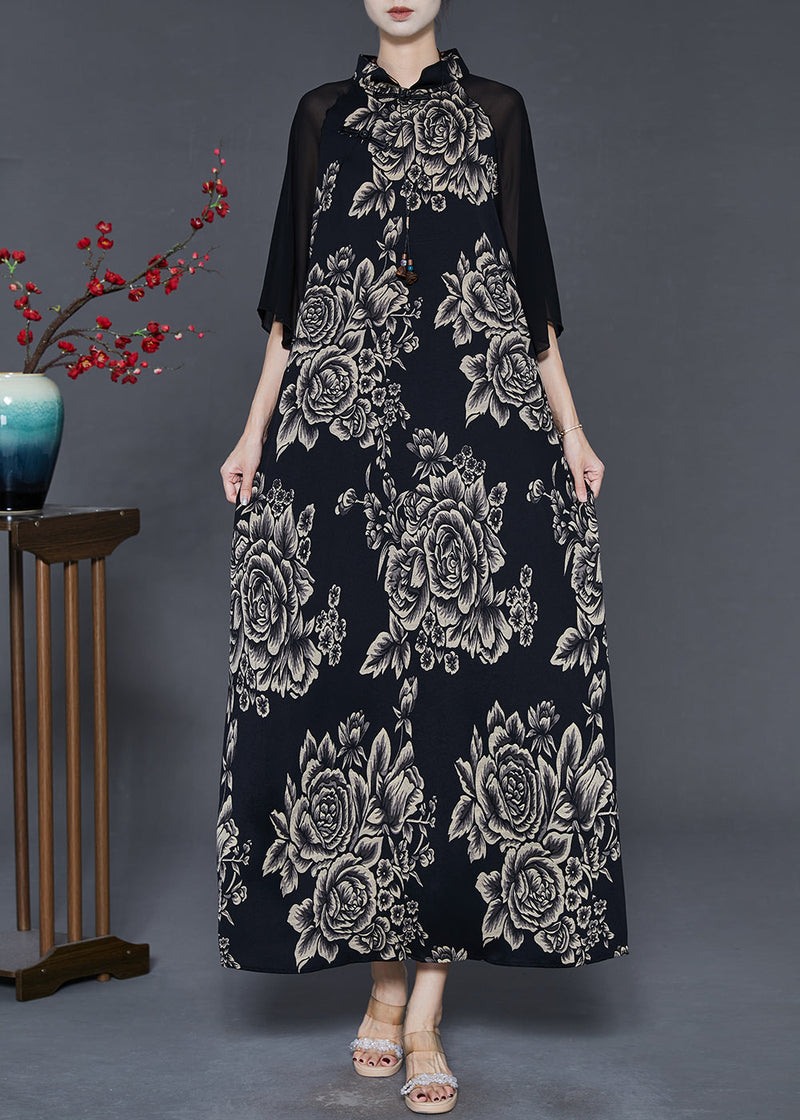 Black Mandarin Collar Patchwork Print Chiffon Long Dresses Summer