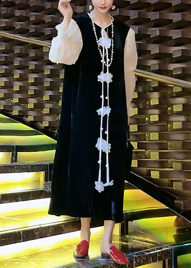 Black Nail Bead Patchwork Silk Velour Dresses Puff Sleeve